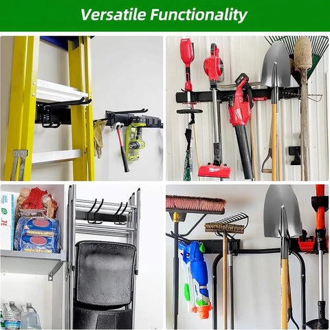 Heavy Duty Garage Tool Organizer With 48 Inch Rails And Six Double Layer Hooks, Wall Mount Storage Rack installed with tools.