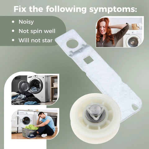 Durable Dryer Idler Pulley With Bracket Replacement Part For Whirlpool And Kenmore, Heavy Duty, displayed with symptoms fixed.