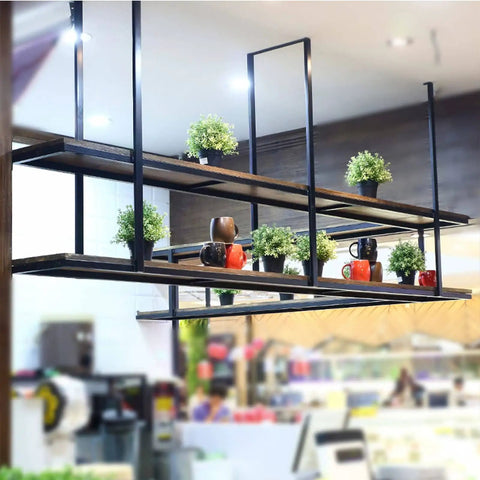 Must Have Ceiling Mounted Wood Shelf With Black Metal Brackets, Vintage Wine Bottle Holder And Flower Stand in use in kitchen