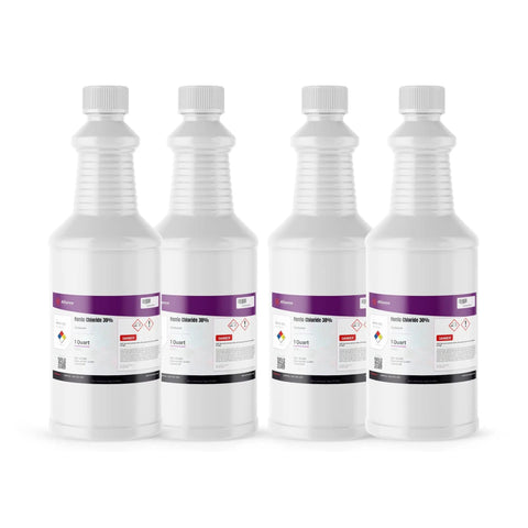 Four bottles of Ferric Chloride 30 Percent Solution for PCB Etching Water Treatment and Wastewater Coagulation FeCl3 Technical Grade 1 Quart