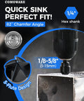 Deburring drill with hex shank in action on metal edge, showcasing 82° chamfer angle and 1/8-5/8 inch fit, featuring M2 steel label.