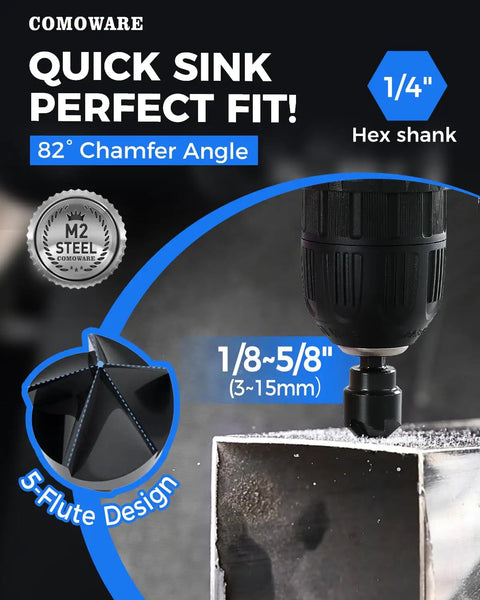Deburring drill with hex shank in action on metal edge, showcasing 82° chamfer angle and 1/8-5/8 inch fit, featuring M2 steel label.