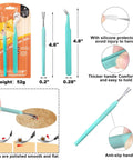 Tick removal tool set with turquoise handles, silicone protector, anti-slip grip, and smooth forks, shown with packaging and measurements.