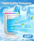 Side view of 4 In 1 Personal Evaporative Air Cooler with 1200ml Water Tank showing rapid cooling and ambient lighting features.