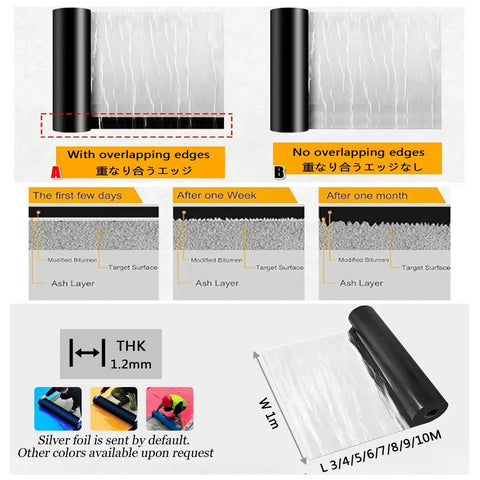 No Sweat Self Adhesive Roofing Tape With Heavy Duty Asphalt Bitumen Membrane, showing installation details and size options.