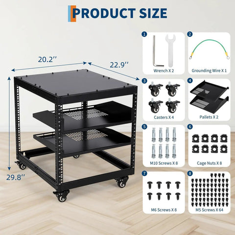 Rock Solid 15U Open Frame Network Server Rack Wall Mount Or Floor Stand Adjustable Depth 23 To 40 Inches Heavy Duty Carbon Steel Equipment Rack For AV IT Gear With Vented Shelves Built Tough with dimensions 20.2 x 22.9 x 29.8 inches.