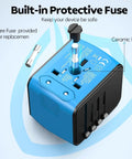 All In One Worldwide Travel Power Adapter With Four USB Ports And AC Outlet For Two Hundred Countries Pocket Sized And Lightweight Ideal For Biz Trips And Vacations Not A Voltage Converter showing built-in fuse