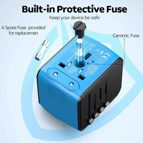 All In One Worldwide Travel Power Adapter With Four USB Ports And AC Outlet For Two Hundred Countries Pocket Sized And Lightweight Ideal For Biz Trips And Vacations Not A Voltage Converter showing built-in fuse