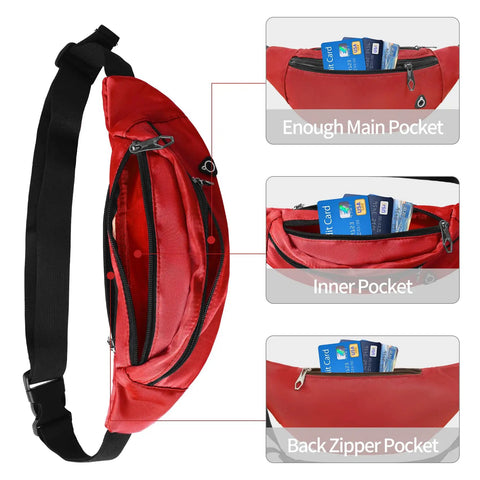Red Waterproof Fanny Pack For Women And Men Crossbody Waist Bag With Zipper Adjustable Strap showing multiple secure pockets for active lifestyles