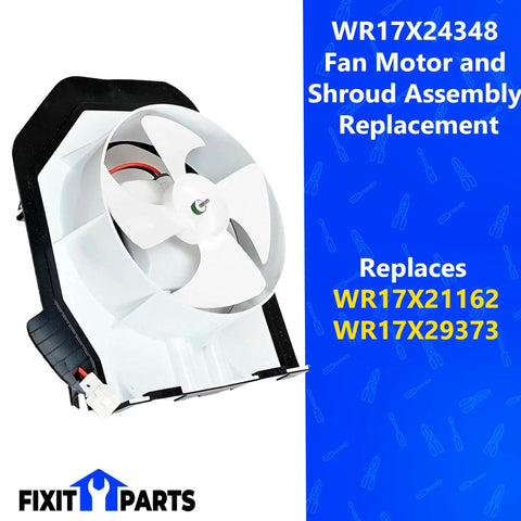 Condenser Fan Motor Shroud Assembly Replacement For Refrigerators WR17X24348 Replaces WR17X21162 WR17X29373 with fan blade.