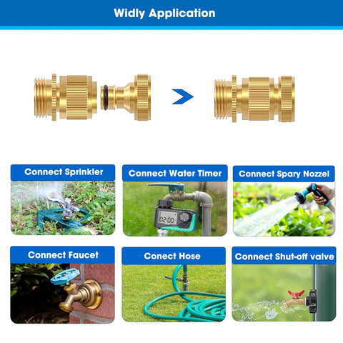 Solid Brass Garden Hose Quick Connect Fittings Three Quarter Inch Thread For Female And Male No Leak Water Hose Connectors Universal Fit Easy Snap On Six Set Durable Heavy Duty Garden Patio Use showing connection options