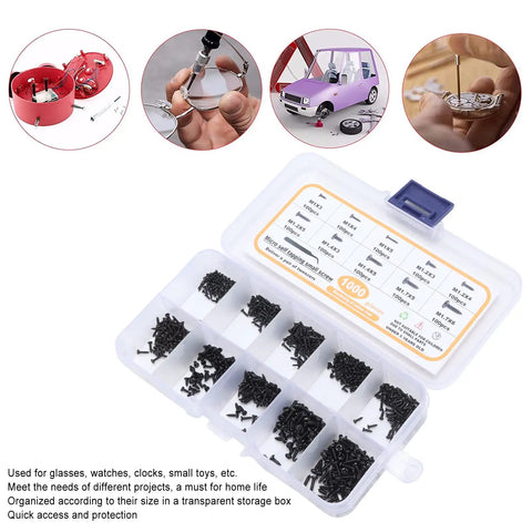 Beefy 1000Pcs Self Tapping Small Screws Assortment Kit with box, screws, and tweezers for DIY repairs on glasses, watches, and toys