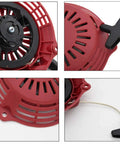 Recoil Pull Starter For GCV190A GCV190LA GSV190AE GC190A GC190LA Replacement 28400 Z0Y 013ZB shown in four angles, red casing and black handle.