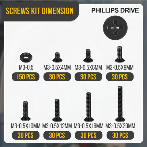 Pro Grade Flat Head Nuts And Bolts Set 360 Pc Assortment Kit M3 0.5x4, 0.5x6, 0.5x8, 0.5x10, shown with dimensions