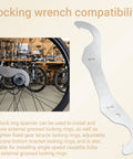 Bicycle Headset Lockring Wrench With Dual Radius Hooks showcased next to a bike wheel in a workshop.