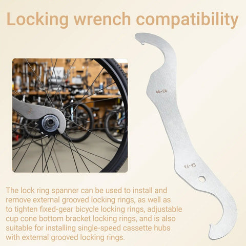 Bicycle Headset Lockring Wrench With Dual Radius Hooks showcased next to a bike wheel in a workshop.