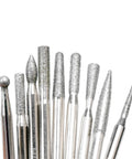 Close-up of Diamond Engraving Bits Set 30 Pieces For Stone Carving Rotary Tool Burrs with sphere, cylinder, bullet, and needle tips