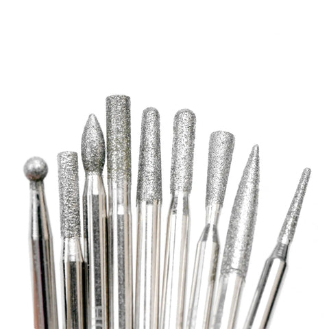 Close-up of Diamond Engraving Bits Set 30 Pieces For Stone Carving Rotary Tool Burrs with sphere, cylinder, bullet, and needle tips