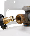 Adjustable propane regulator 0-30 PSI with 48-inch hose connection shows durable brass fittings on a POL tank. CSA certified for safety.