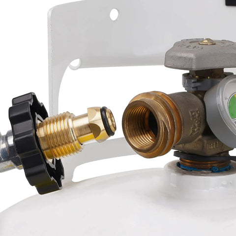 Adjustable propane regulator 0-30 PSI with 48-inch hose connection shows durable brass fittings on a POL tank. CSA certified for safety.