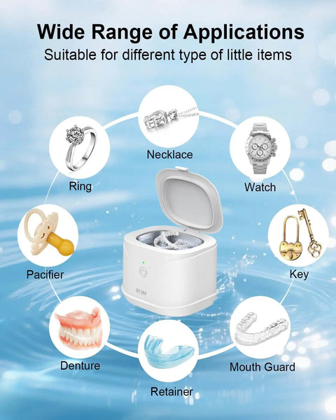 Diagram showing 2-In-1 Ultrasonic Retainer And Jewelry Cleaner with open lid surrounded by images of ring, necklace, watch, and other items.