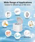 Ultrasonic Retainer Cleaner 46kHz 2-in-1 Jewelry and Dental Cleaning Machine with images of various suitable items around it.