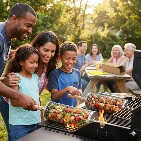 Family grilling with Nesting Stainless Steel Grill Basket Set 2 Pieces For Veggies Shrimp Fish And Meat
