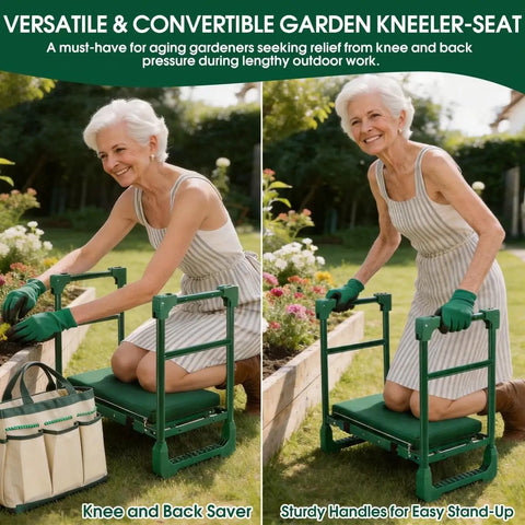 Senior using Heavy Duty Garden Kneeler and Seat with foldable design, tool bag, and soft kneeling pad in outdoor garden.