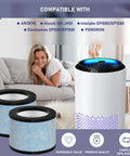 Woman relaxing by air purifier with DH JH01 Replacement Filter Compatible With Ontheone Air Purifier System visible on table.