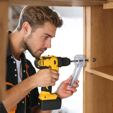 Man using Super Handy Drill Dust Catcher Attachment while drilling into wood, designed to keep workspace clean during DIY projects.