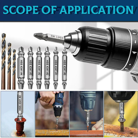 Damaged Screw Extractor Kit With Six HSS 4341 Extractors And Three Twist Drill Bits For Stripped Screws DIY Friendly Tool Set