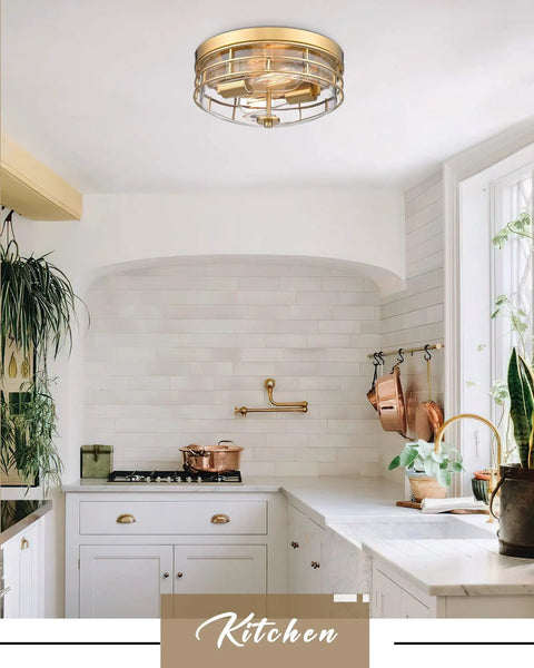 Kitchen with 13 Inch Flush Mount Ceiling Light Fixture With Clear Glass And Brushed Gold Finish Modern Farmhouse Style