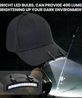 12 Pack Hat Clip Light With 11 LED Cap Lights Clip On Hat Up To 400 Lumens IPX5 Waterproof Hands Free Flashlight shown on a cap.