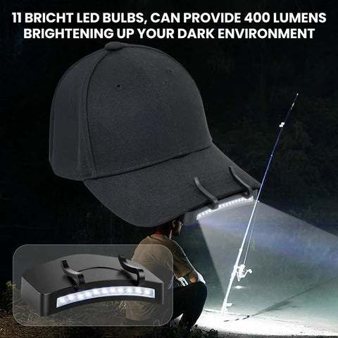12 Pack Hat Clip Light With 11 LED Cap Lights Clip On Hat Up To 400 Lumens IPX5 Waterproof Hands Free Flashlight shown on a cap.