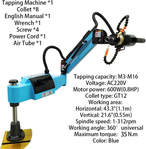 Heavy Duty 220V Electric Tapping Machine With Touch Screen For M3 To M16 Threading, blue unit with servo motor and collet.
