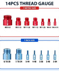 Super Cool 14 Piece Thread Gauge Kit Check Inch And Metric Bolt Nut Sizes Fast With Aluminum Checker Tool For Your Car Or Bike Repair Projects Inside Neat Storage Box, red and blue sizes