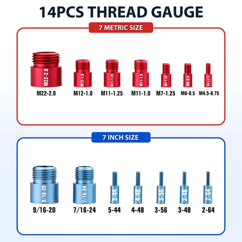 Super Cool 14 Piece Thread Gauge Kit Check Inch And Metric Bolt Nut Sizes Fast With Aluminum Checker Tool For Your Car Or Bike Repair Projects Inside Neat Storage Box, red and blue sizes