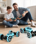 Father and son playing with Gesture Sensing RC Stunt Car For Kids 6 To 12, Hand Controlled Double Sided Twist Vehicle indoors