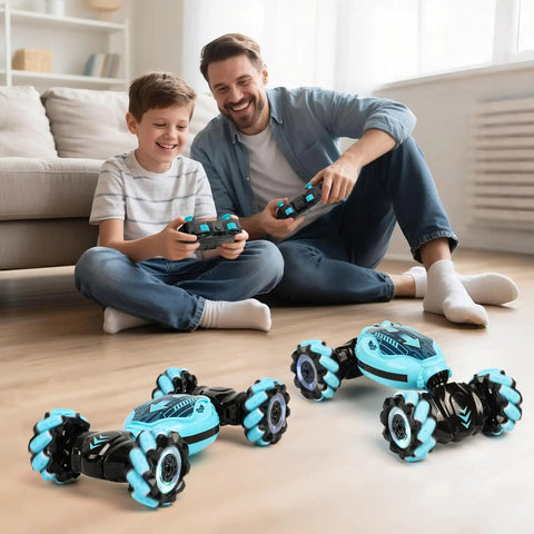 Father and son playing with Gesture Sensing RC Stunt Car For Kids 6 To 12, Hand Controlled Double Sided Twist Vehicle indoors