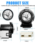 Washer Drain Pump Motor Replacement For LG And Kenmore Washers direct-fit dimensions with front and side views.