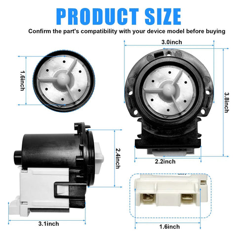 Washer Drain Pump Motor Replacement For LG And Kenmore Washers direct-fit dimensions with front and side views.