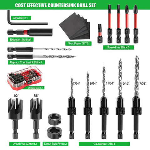 Heavy Duty Countersink Drill Bit Set, 23 Piece Tapered Wood Bits With Plug Cutter, Slick Hex Shank, Adjustable Depth Rings, Pro Workhorse Kit With Sandpaper And Sturdy Carry Box - includes bits, screwdrivers, and storage box.