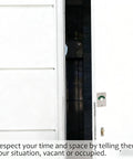 Latch Indicating Lock Stainless Steel Door Lock With Vacancy Indicator For Public Restrooms Bathroom Privacy Partition Toilet Stall Vacant Or Engaged Sign shown on a restroom door