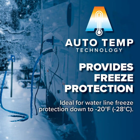 Heated Water Hose For RV Beefed Up 50 Feet Freeze Protection To Minus Twenty Degrees Drinking Water Safe And Lead Free Five Eighth Inch ID NSF Certified Ideal For Campers Livestock Farms Kennels with freeze protection for RVs in snow.