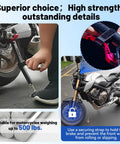 Compact Foldable Motorcycle Wheel Lift Stand For Front Or Rear Wheels in use, lightweight aluminum design with securing strap