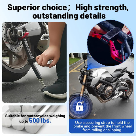 Compact Foldable Motorcycle Wheel Lift Stand For Front Or Rear Wheels in use, lightweight aluminum design with securing strap