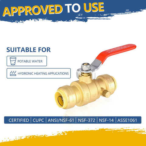 Three Quarter Inch Push Fit Ball Valve With Drain Full Port Brass Shut Off For Plumbing Fittings Copper Pex CPVC Pipe
