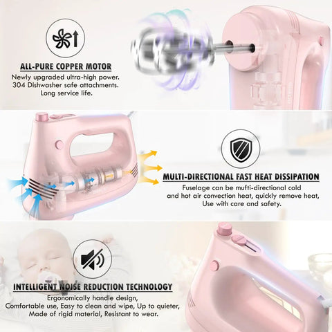 Pink Electric Hand Mixer With Turbo Boost and Five Adjustable Speeds Features Durable Steel Beaters Hooks and Compact Storage Pouch showing motor and heat dissipation.