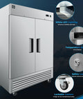 Heavy Duty Commercial Reach In Freezer, Two Door Stainless Steel Bottom Mount Upright Unit, with LED lights and temperature display.