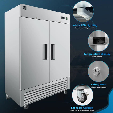 Heavy Duty Commercial Reach In Freezer, Two Door Stainless Steel Bottom Mount Upright Unit, with LED lights and temperature display.